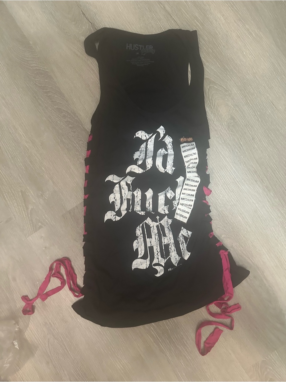 Hustler Hollywood “I’d F**k Me” with Pink Side-Ties tank top